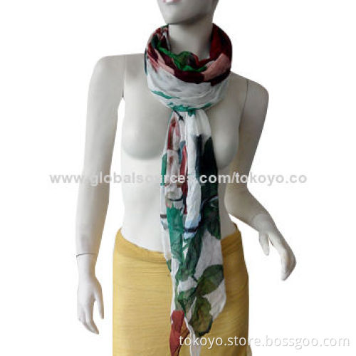 Polyester scarf with screen printing, plain and fresh, voile, for spring, 180*70cm overlocked
